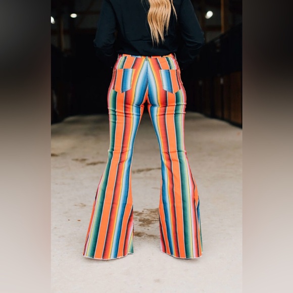 New Ranch Dressn Fallon Taylor Orange Serape Super Flares Flare Denim Jeans 00 - Picture 10 of 12